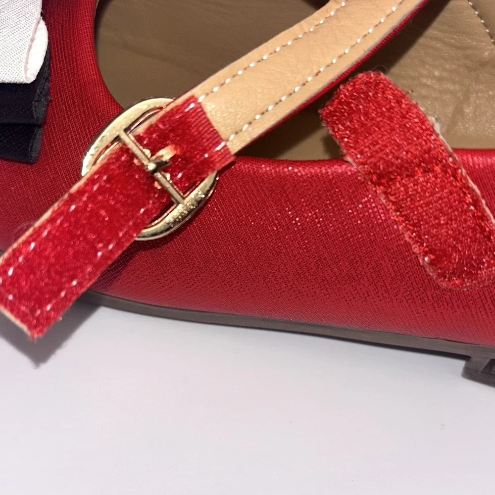 Pipperdoodles Shimmer Red Dress Shoes White Black Bow Gold Buckle EU 35  US 3